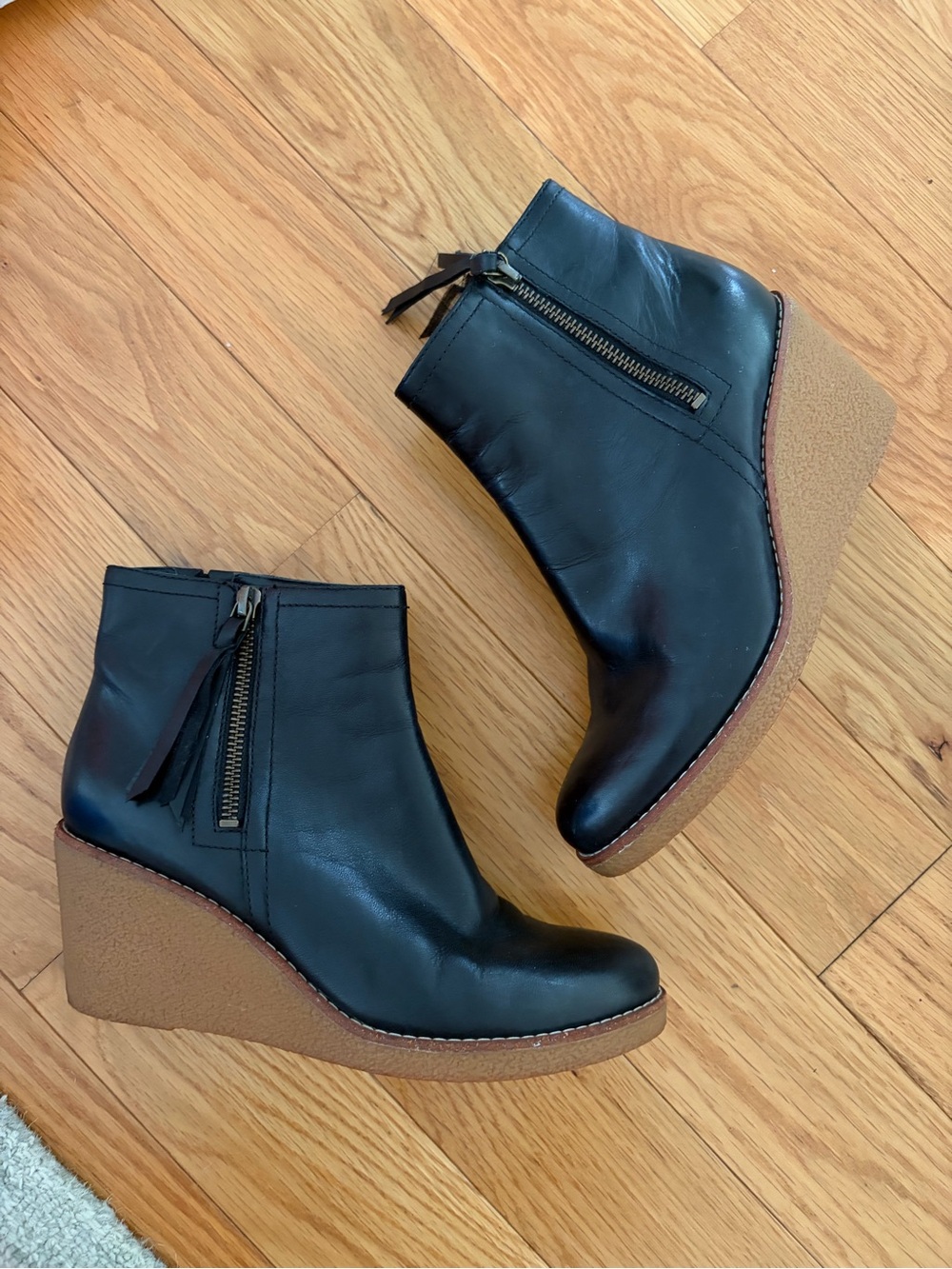Weatherproof Black Leather Wedge Ankle Boots with Tan Wedge